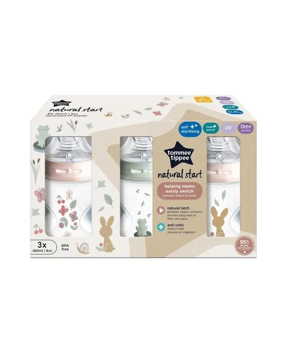 3 Pack Tommee Tippee Natural Start Bouteilles pour bébés décorées