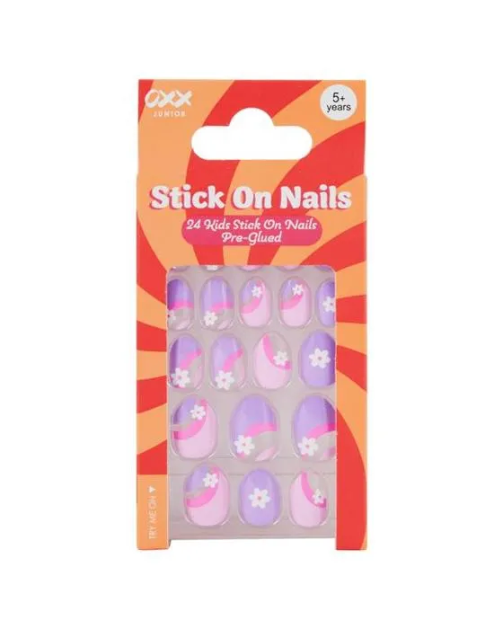 OXX Junior 24 Pack Enfants pré-glued bâton-sur ongles - Forme Stiletto, rose et violet