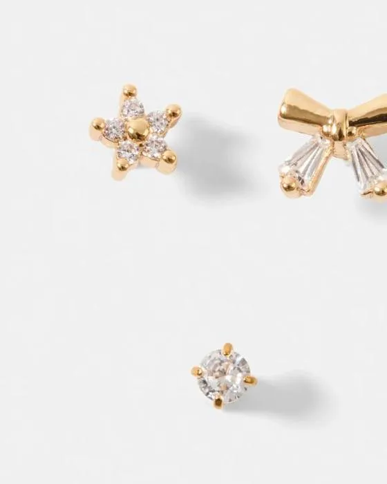 3 paquets de piercing d'oreilles Cubic Zirconia Bow - Tone d'or