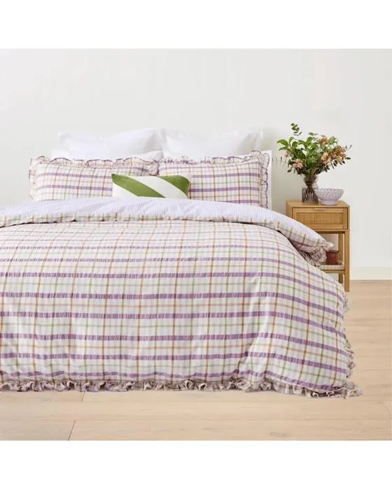 Ensemble de couverture de courtepointe réversible en coton Isha Gingham - lit Queen