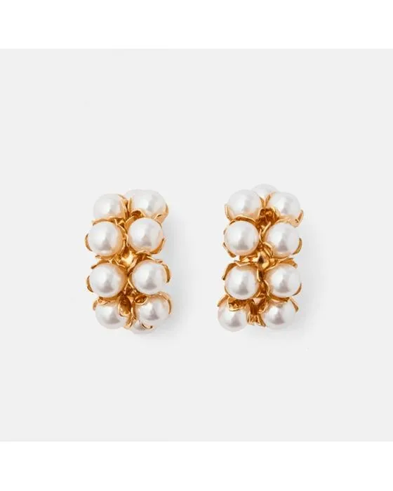 Boucles d'oreilles en perles de fausse perle 2 rangées - Ton or et blanc