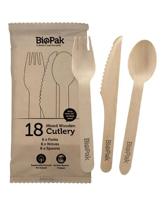 Couverts en bois assortis Biopak 18 Pack