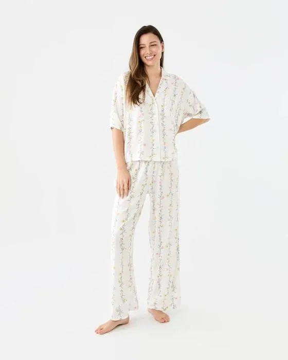 Viscose Dentelle Trim Manche courte Top et Pantalons Pyjama Set