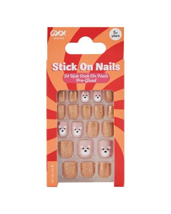 OXX Junior 24 Pack Enfants pré-glued bâton-sur ongles - forme carrée, ours en peluche glitter
