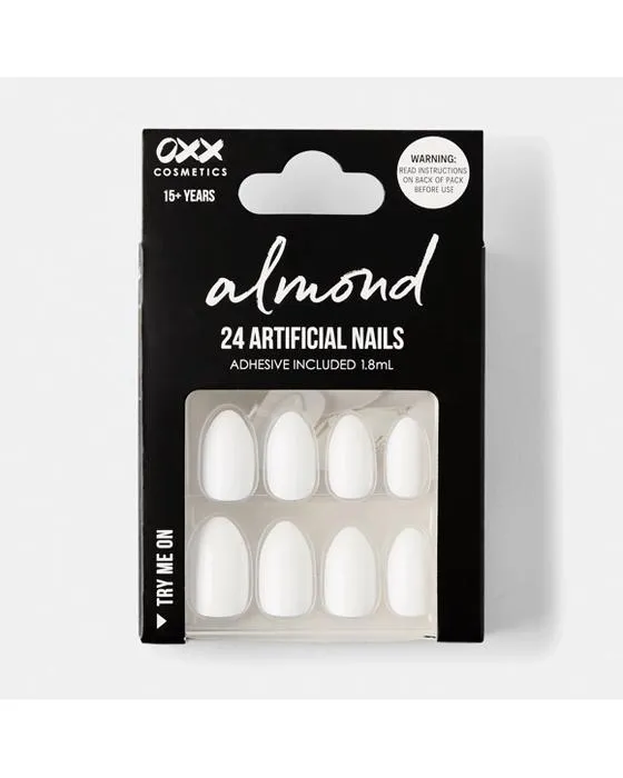 OXX Cosmétiques 24 Pack de ongles artificiels avec adhésif - Forme amande, blanc brillant