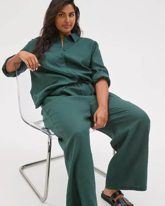Pantalon à jambes larges en lin européen de taille Cible Curve Plus