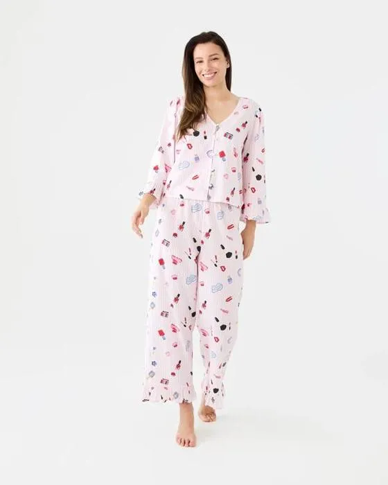 Cotton imprimé Seersucker pantalons de frinceur Pyjama Set