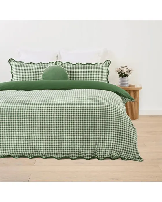 Ensemble de couverture de matelas de coton Scallop Gingham - Lit double, vert