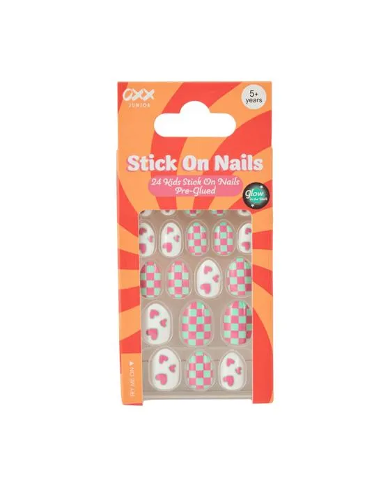 OXX Junior 24 Pack pré-glued bâton sur les ongles - forme d'amande, Glow in the Dark