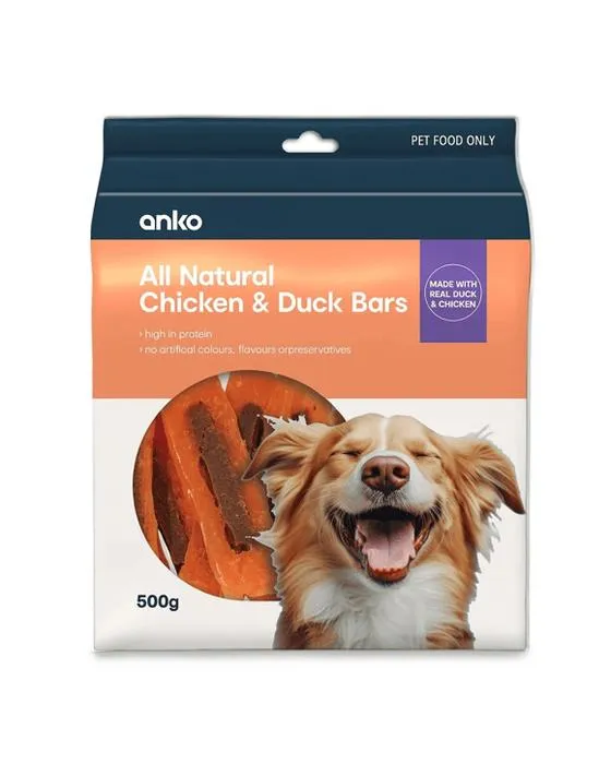 Bars de poulet et de canard traités pour animaux de compagnie