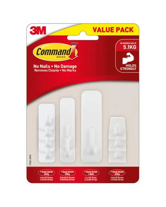 10 Pack 3M Commande Crochets adhésifs Pack de valeur mixte de base - Blanc
