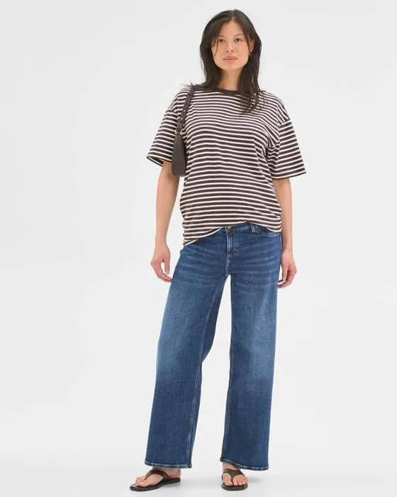 Cible maternité sous les jeans de denim à jambes larges