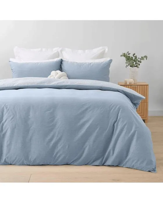 Ensemble de couverture de courtepointe réversible en coton de Chambray - lit double, bleu