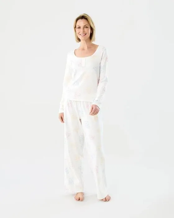 Permis de port d'ours de soins Pointelle Henley Long Sleeve Top et Pantalons Pyjama Set