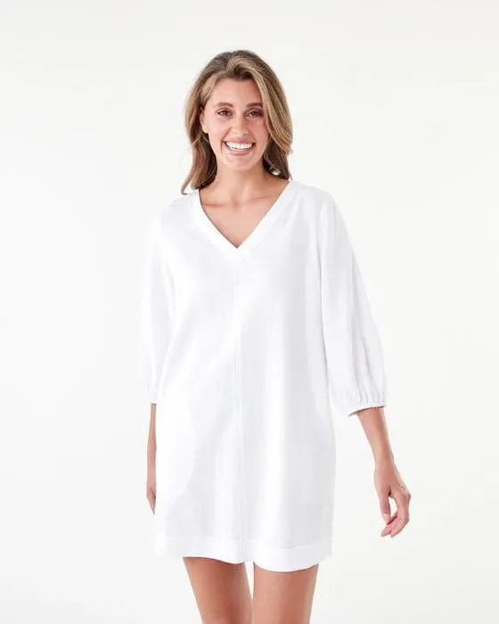Robe en V-Neck en lin à manches longues