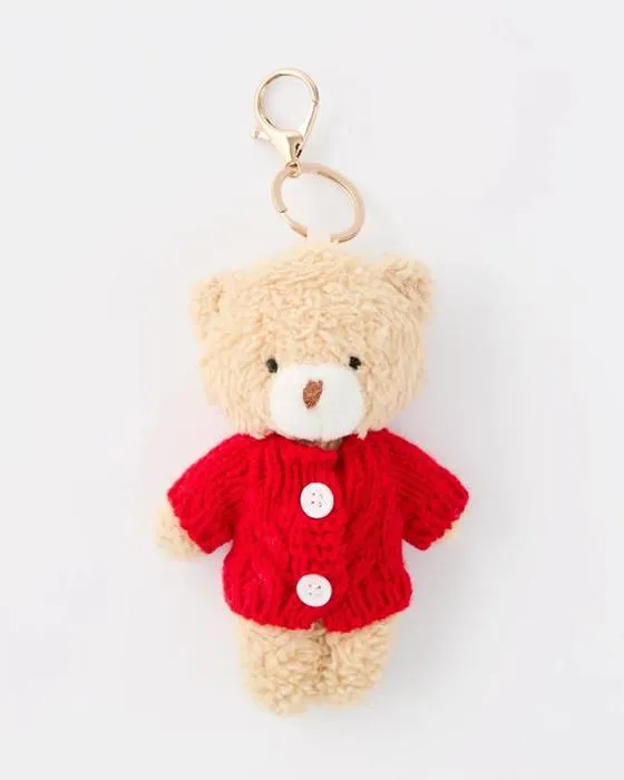 Porte-clés de charme ours cardigan - rouge, beige et ton or