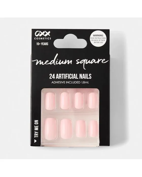 OXX Cosmétiques 24 Packs de ongles artificiels avec adhésif - Forme carrée moyenne, Rose nu