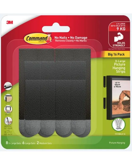 16 Pack 3M Command XL Bandes de suspension d'image - Noir