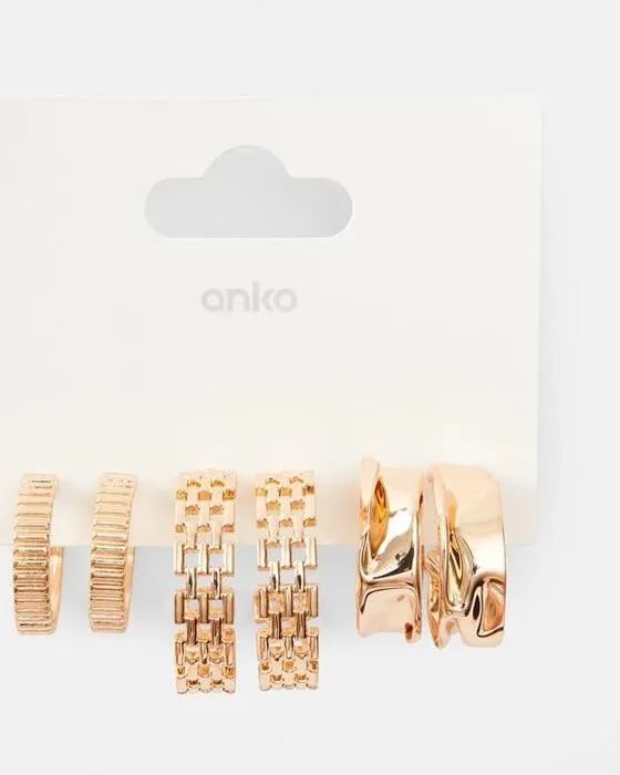 Boucles d'oreilles 3 Pack en rubans et en chaîne moulés - Ton doré