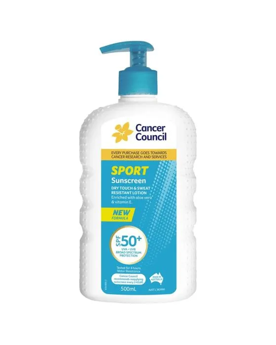 Conseil du cancer FPS 50+ Sport Touch sec et résistant à la sueur Lotion solaire 500ml - Aloe Vera et vitamine E