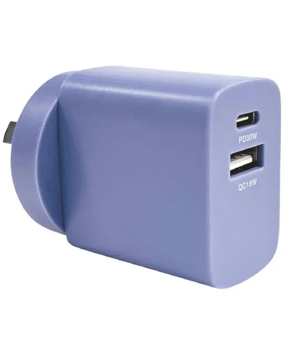 Otto 30W 2 ports USB-C + chargeur mural USB-A Pastel Bleu