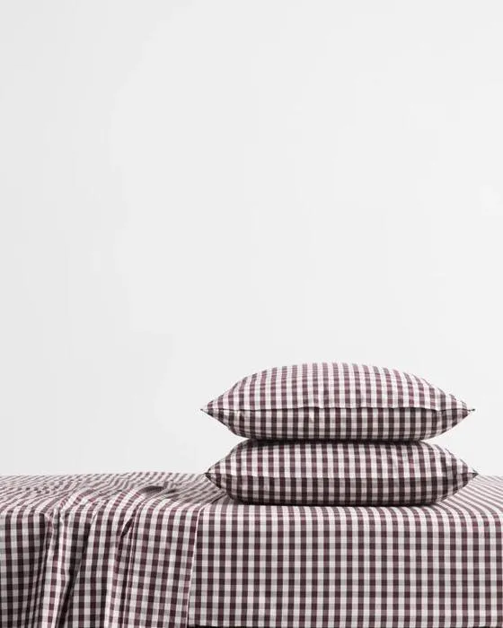 Cible Gingham Australian Coton Mix & Match Flat Sheet - King Bed - Brown