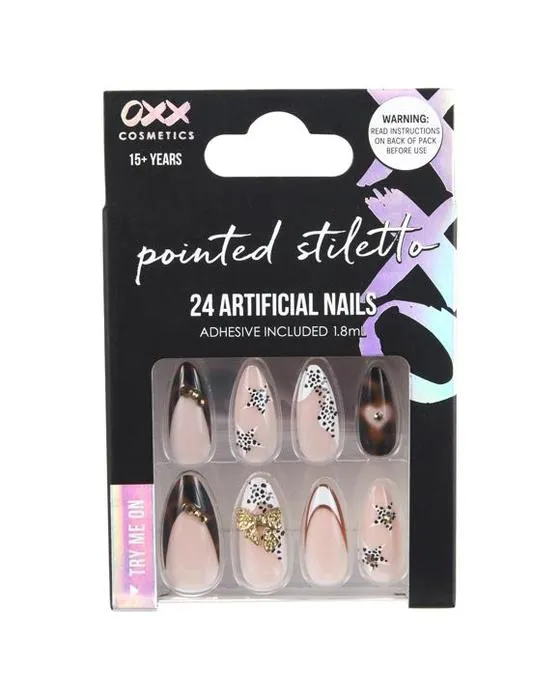 OXX Cosmétiques 24 Packs de ongles artificiels avec adhésif - Forme de stiletto pointu, Leopard Gold Gems