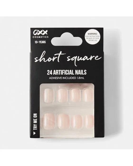 OXX Cosmétiques 24 Pack de ongles artificiels avec adhésif - Forme carrée courte, Perle émaillée