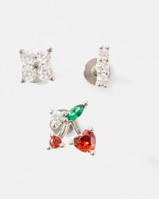 3 Pack Cubic Zirconia Cerises d'oreilles piercing Studs - Ton argent