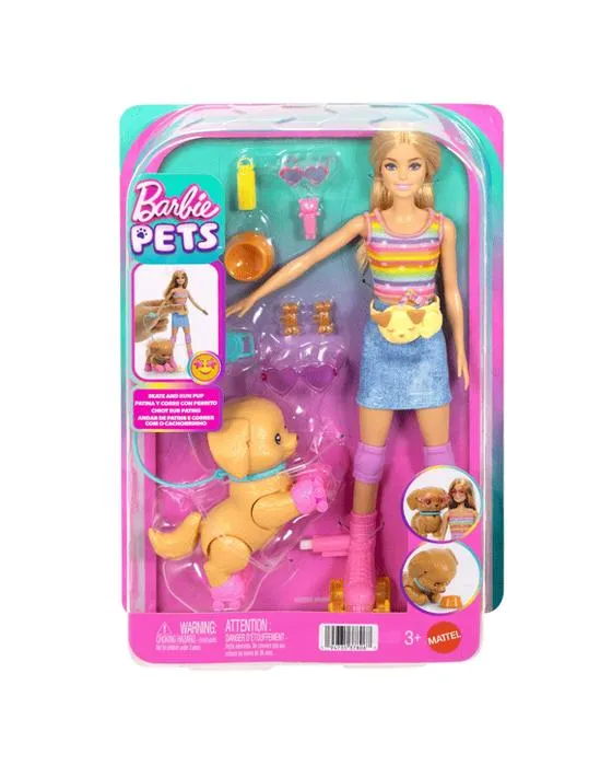 Barbie Animaux de compagnie Patinage et courir Poupée blonde avec chiot , Patins et Accessoires - Rose