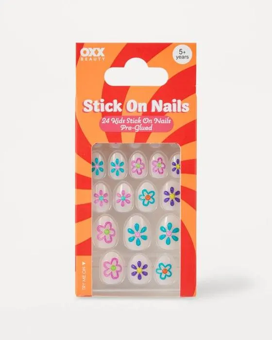 OXX Beauty 24 Pack Enfants pré-glued bâton-sur ongles - forme d'amande, fleur peinte