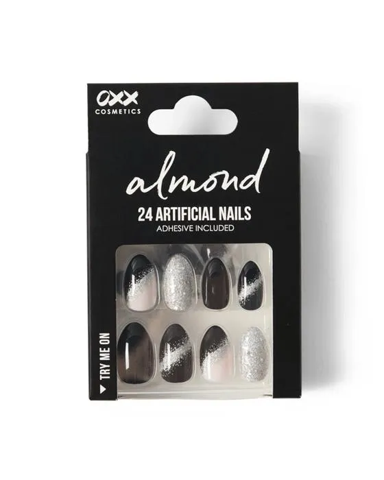 OXX Cosmétiques 24 Pack de ongles artificiels avec adhésif - Forme amande, noir et argent glitter