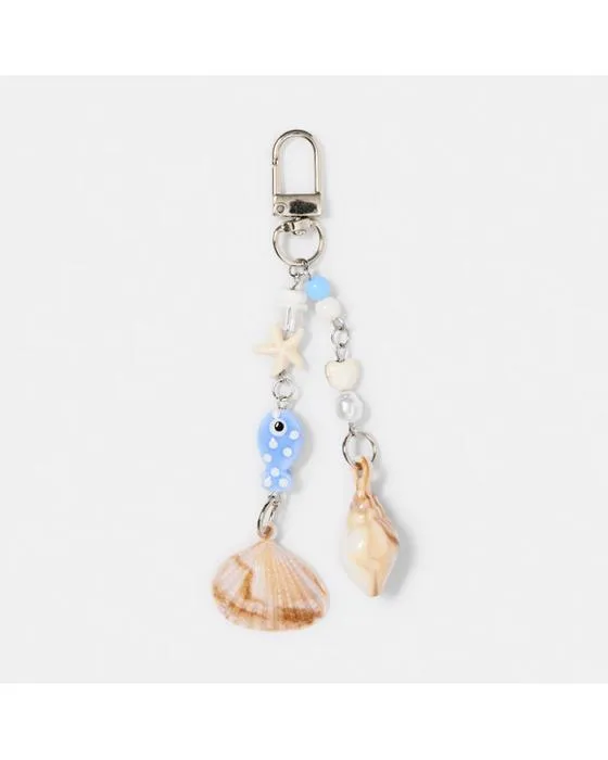 Porte-clés de charme de la coquille de poisson perles - bleu, blanc, brun et argent ton