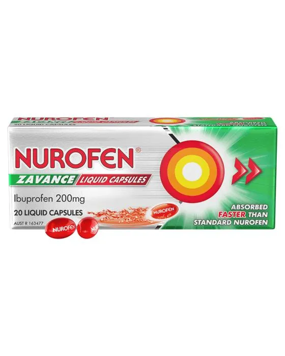 20 Pack Nurofen Zavance Capsules liquides de soulagement de la douleur rapide 200mg Ibuprofène