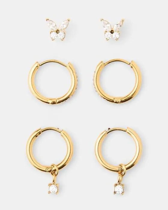 Boucles d'oreilles en papillon inoxydable étanches 3 Packs Cubic Zirconia - Tone d'or
