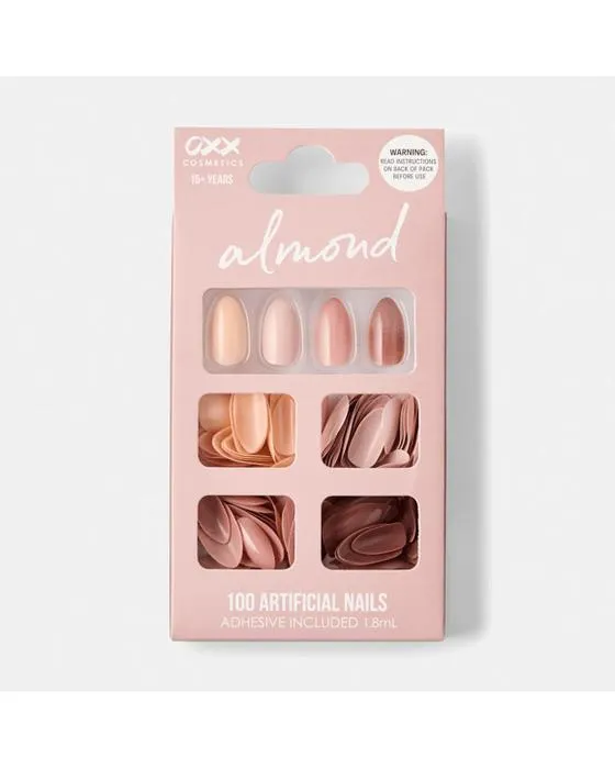 OXX Cosmétiques 100 Packs de ongles artificiels avec adhésif - Forme amande, Nude