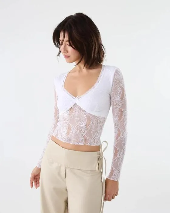 Haut de la dentelle à manches longues V-Neck