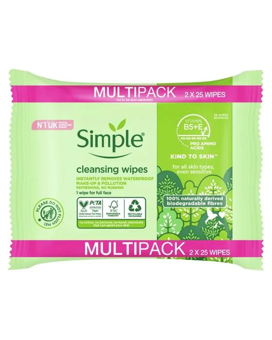 50 Pack Wipes nettoyantes biodégradables pour le genre simple à la peau - Vitamine B5, Vitamine E et acides pro aminos