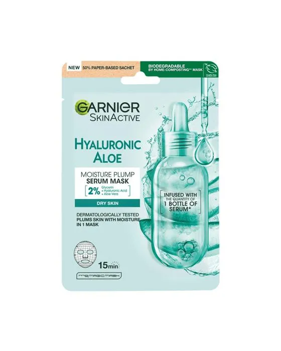 Masque de feuille de sérum à aloe Hyaluronique de la peau Garnier - Acide hyaluronique et Aloe Vera organique