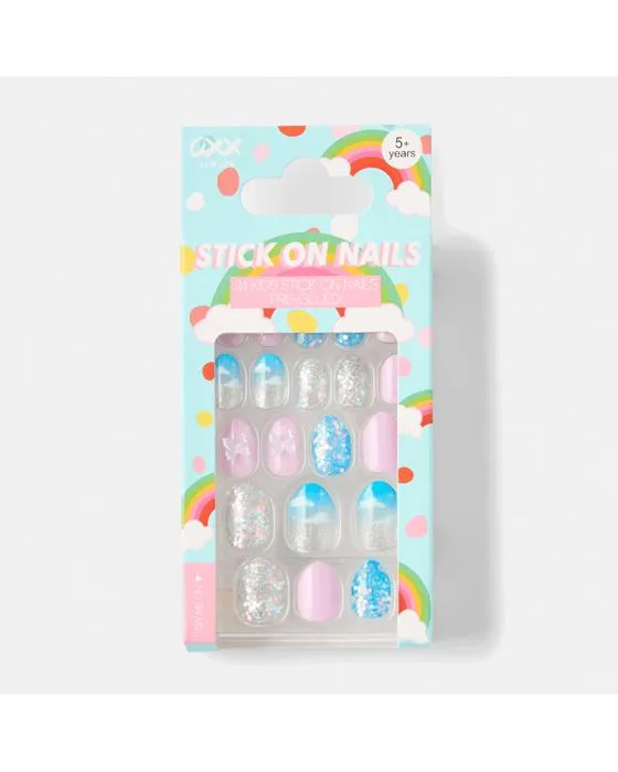 OXX Junior 24 Pack pour enfants, ongles pré-glués - Glitter et papillon 3D