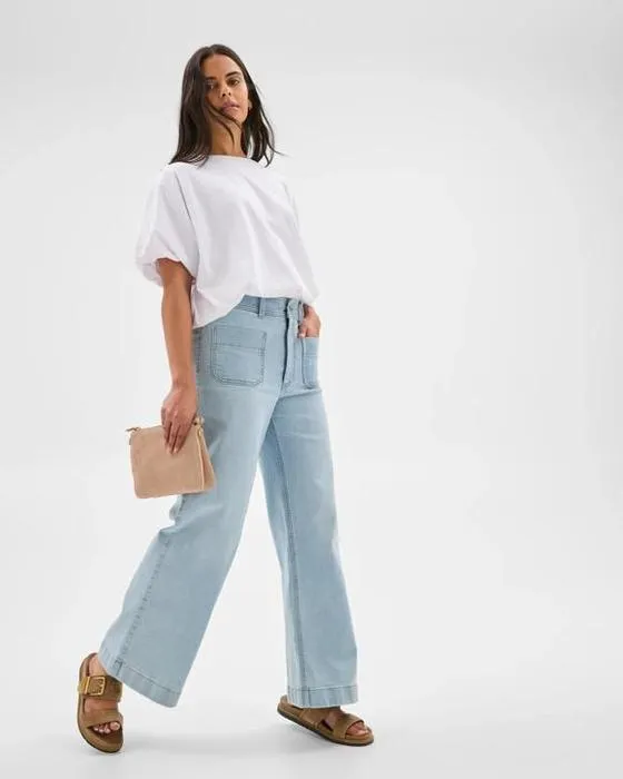 Cible Denim Mila High Rise Full Length Flats Front Wide Leg Denim Jeans