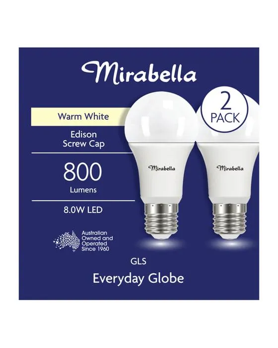 2 Pack I004005 Mirabella LED GLS ES 8W 800 Lumen - Blanc chaud