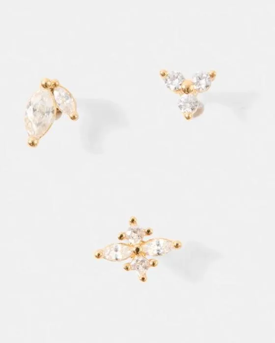 3 Packs Cubic Zirconia Ear Piercing Studs - Tone d'or