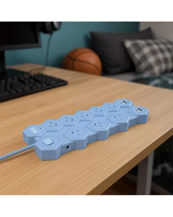 Arlec 8 sorties Hexagon large sorties espacées et USB A & C ports Powerboard - Bleu