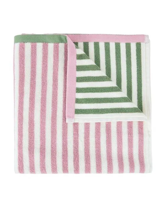 Serviette de bain en coton à rayures réversibles - rose et vert