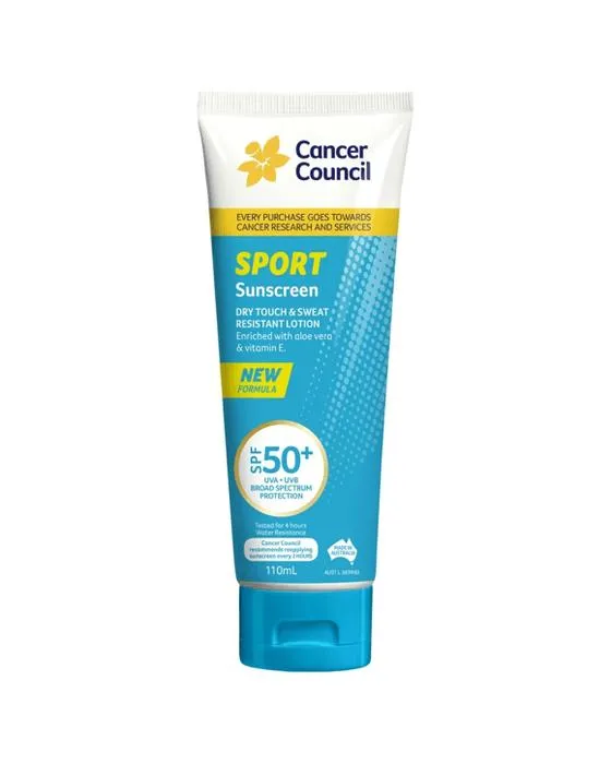 Conseil du cancer FPS 50+ Sport Touch sec et résistant à la sueur Lotion solaire 110ml - Aloe Vera et vitamine E